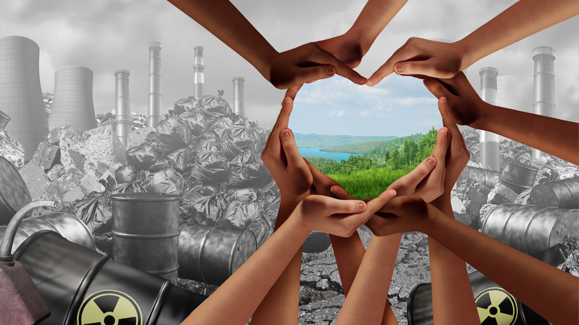 Environmental unity and global earth day and international environment concept with world community as hands protecting nature from pollution and climate change with 3D render elements.